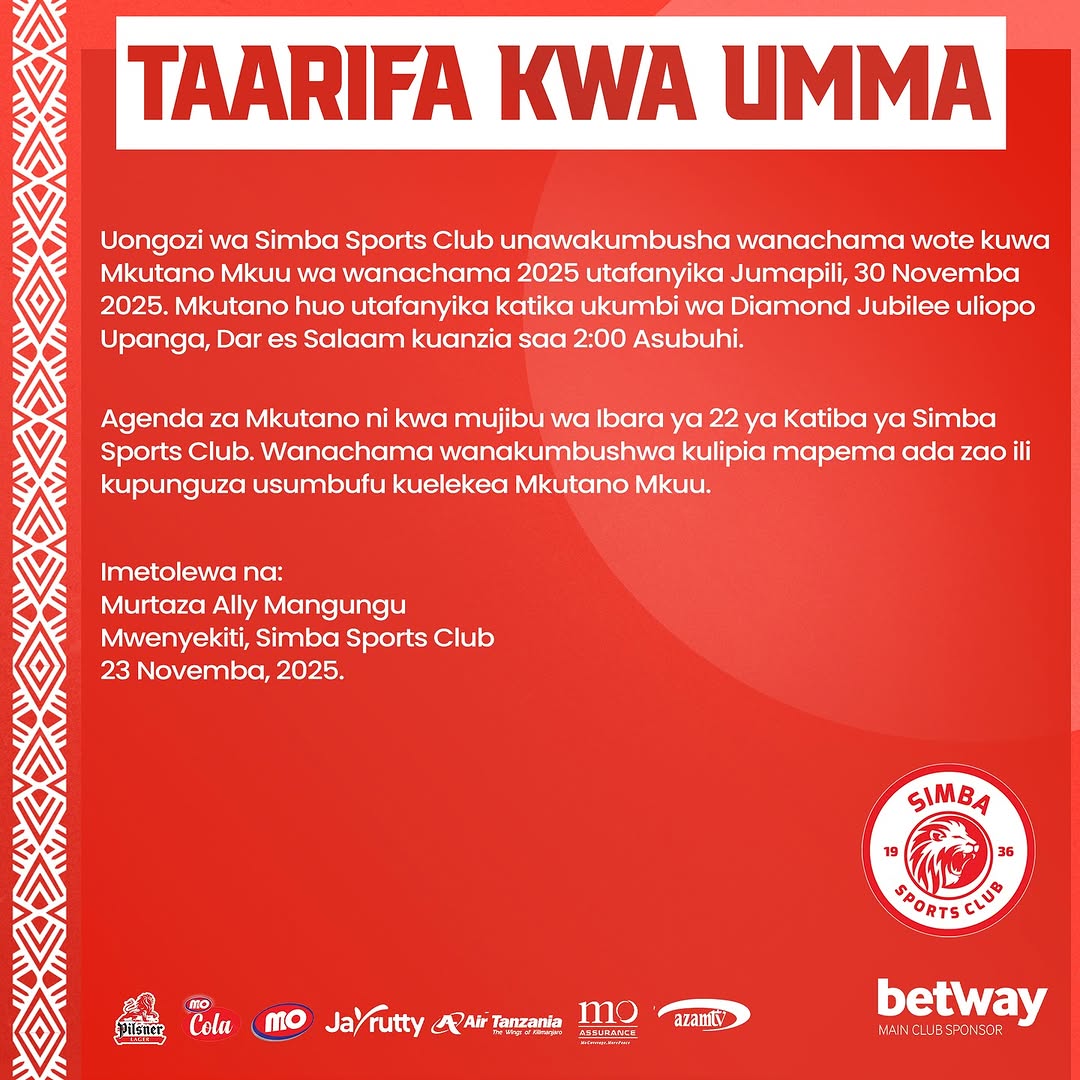 Simba Sports Club Yatoa Taarifa Muhimu Kuhusu Mkutano Mkuu wa Wanachama 2025