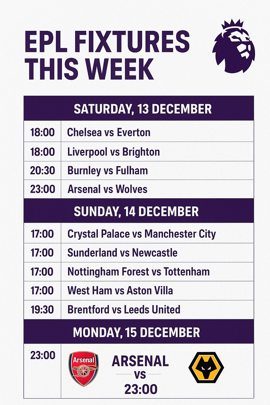 EPL Fixtures This Week