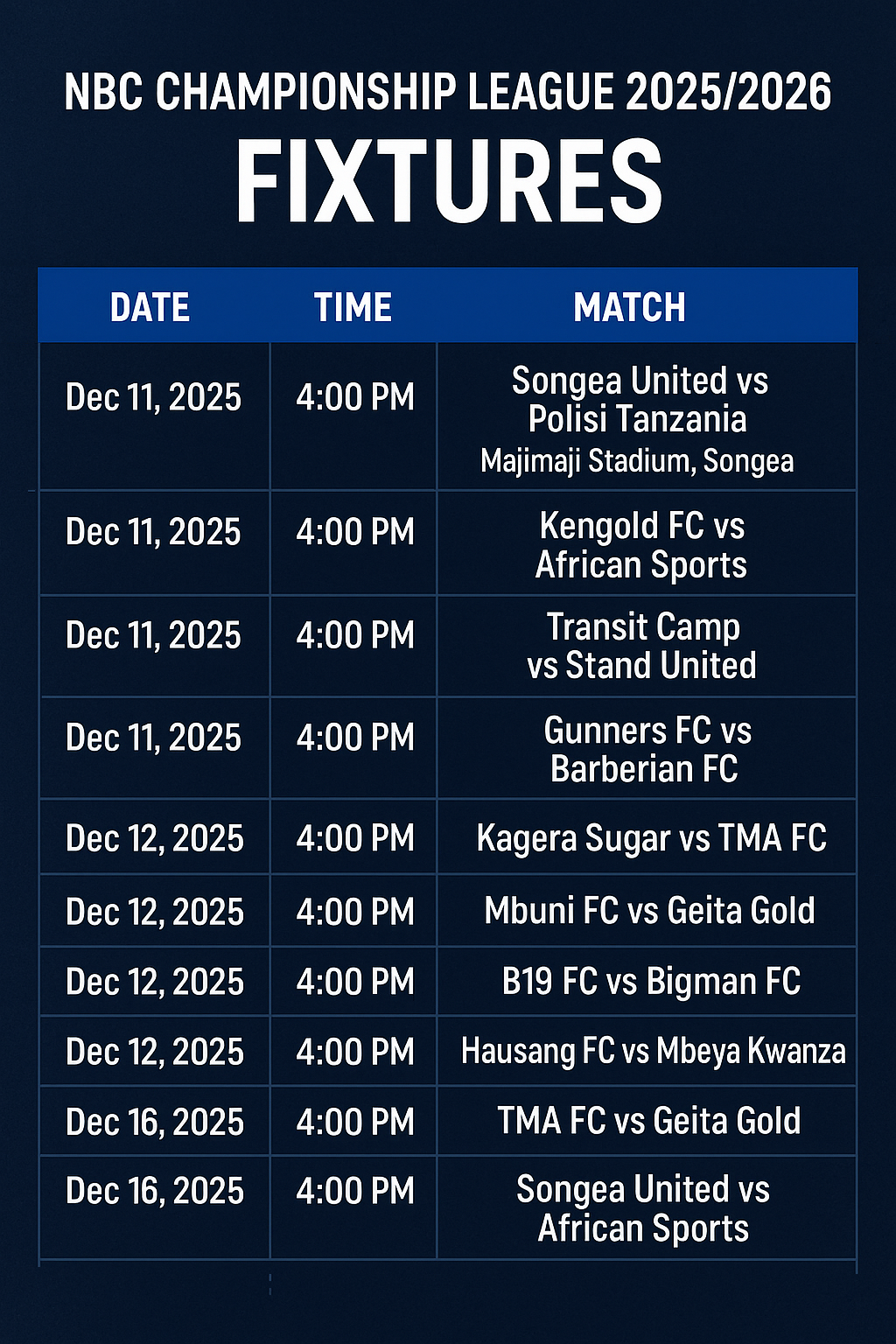 NBC Premier League Fixtures This Week