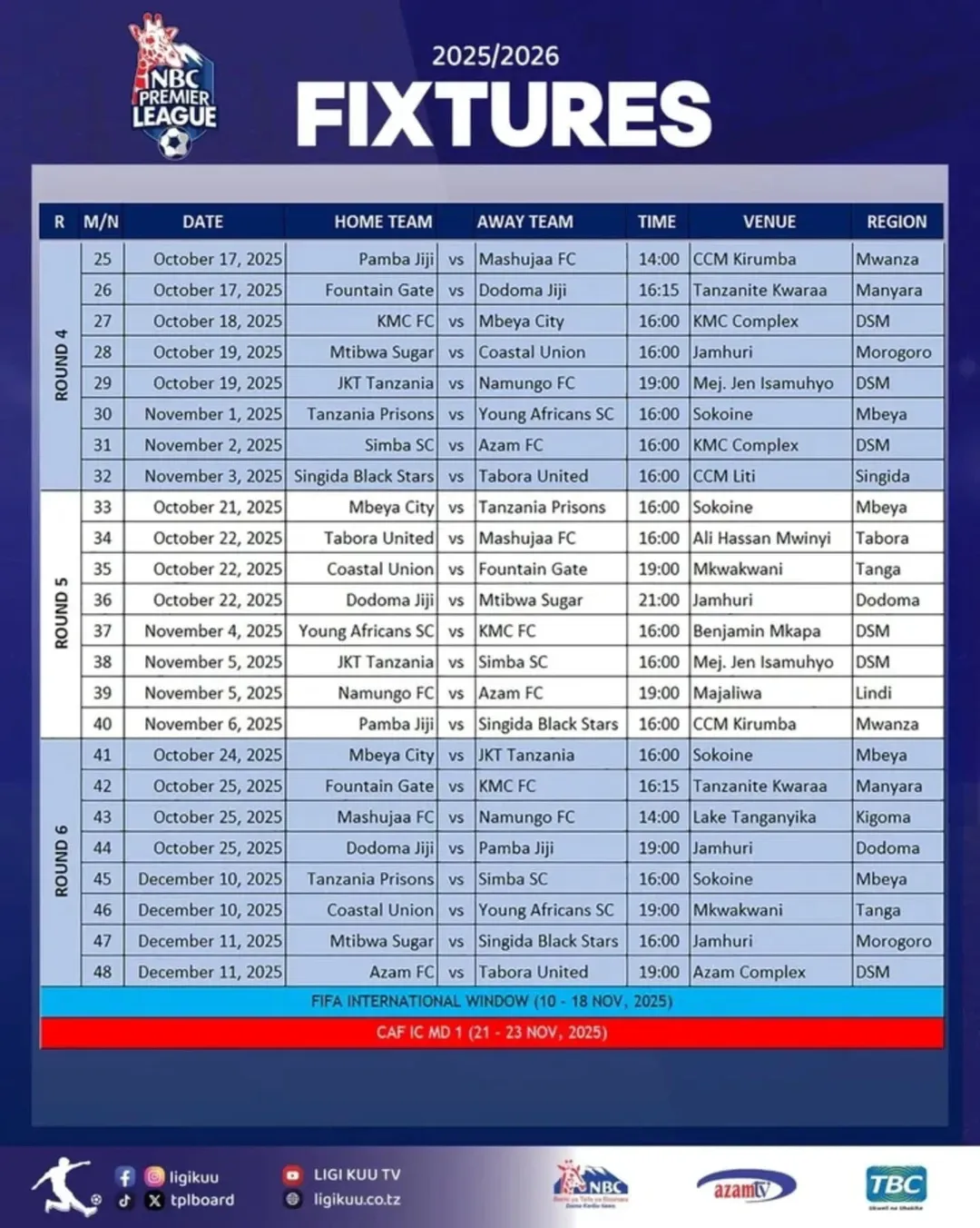 Ratiba Kamili ya Mechi za Ligi Kuu Tanzania Bara 2025/26