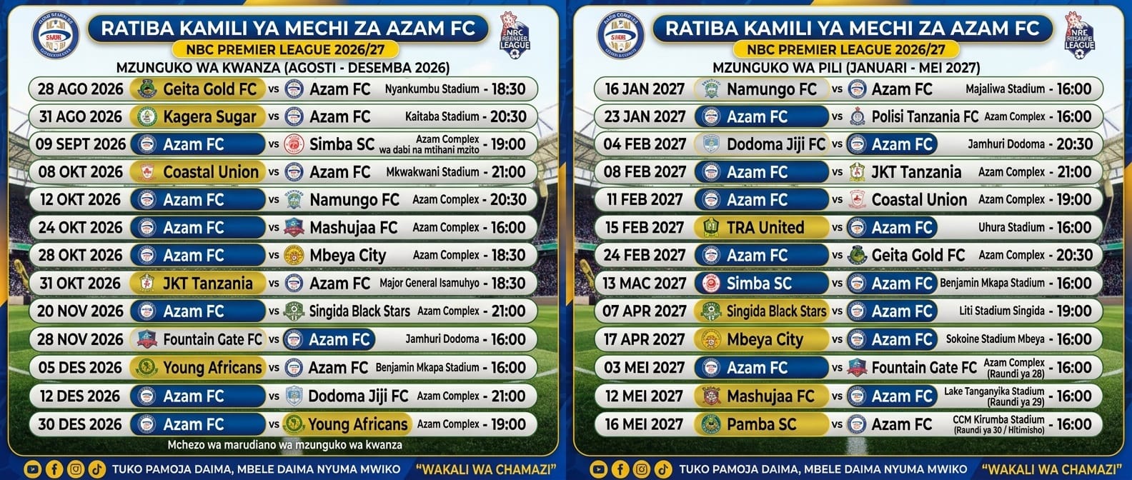 RATIBA KAMILI YA AZAM FC NBC Premier League 2026/2027