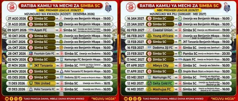 RATIBA KAMILI YA MECHI ZA SIMBA SC NBC PREMIER LEAGUE 2026/2027